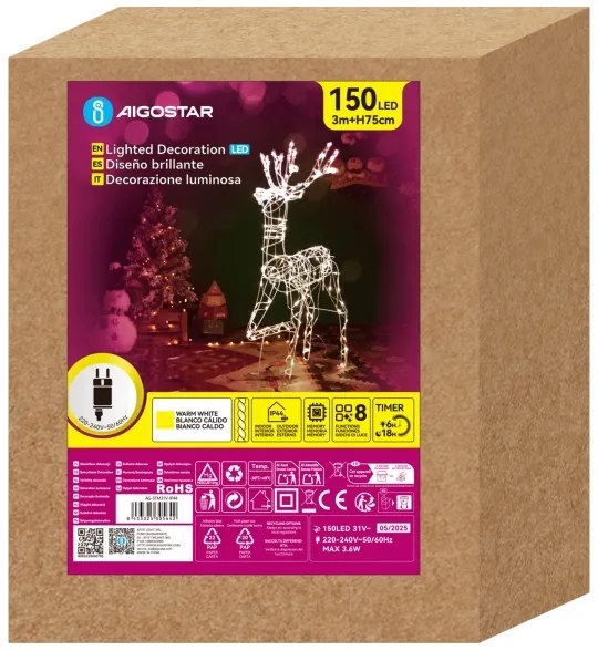 Aigostar - LED kültéri karácsonyi dekoráció LED/3,6W/31/230V 2700K 75 cm IP44 rénszarvas