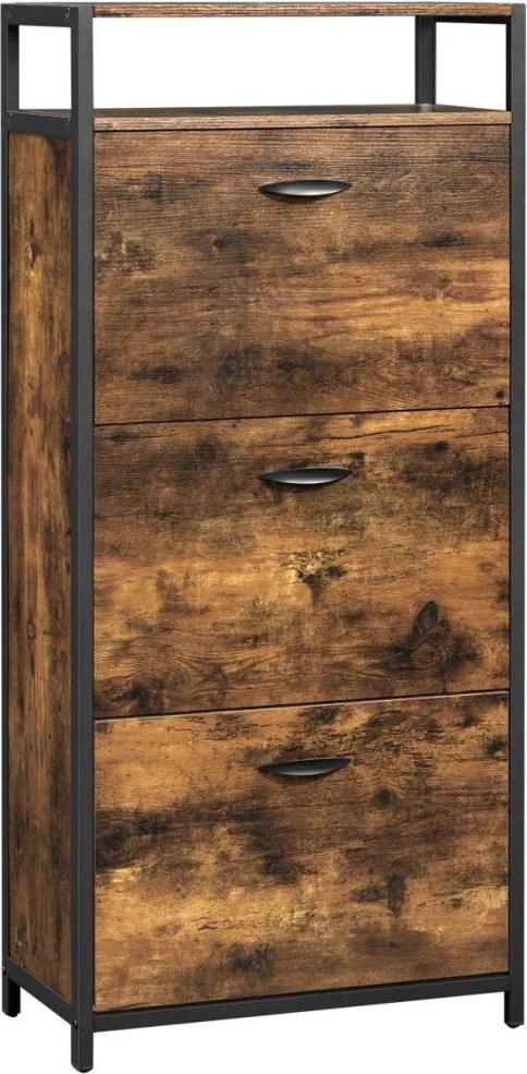 Cipős szekrény 3 ajtós 15-18 pár cipő tárolására, rusztikus barna 60x30x130cm