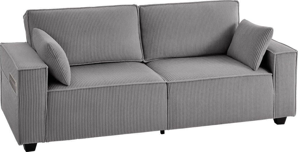 HOMCOM 3 személyes kanapé, 218 cm széles, széles karfákkal, 2 párnával, kényelmes kordbársony ülőgarnitúra, párnázott kárpitozás, világosszürke | Aoso