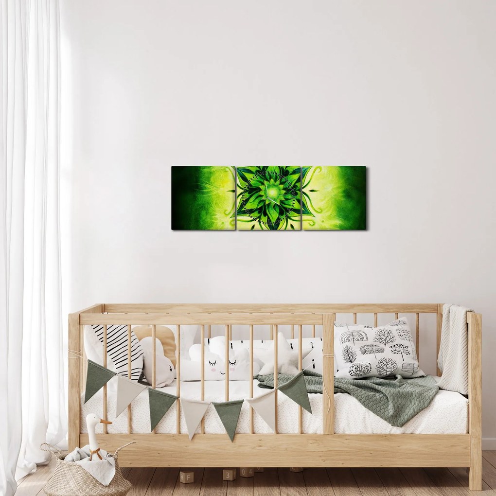 Kép - Virág mandala zöld háttérrel (órával) (90x30 cm)