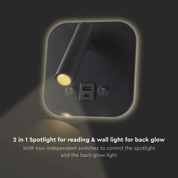 LED fali spotlámpa USB-porttal LED/8W/230V 3000K fekete