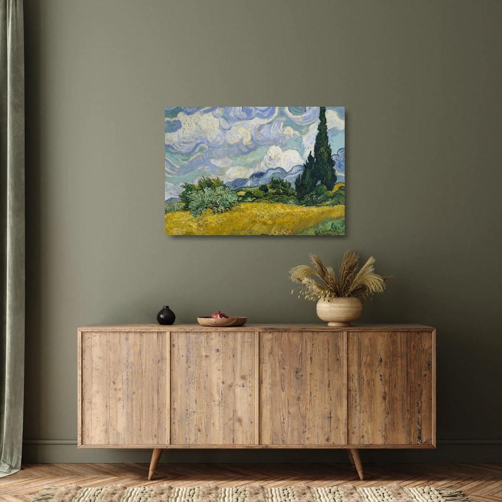 Üveg kép - Vincent van Gogh, Wheat Field with Cypresses, reprodukciók (70x50 cm)