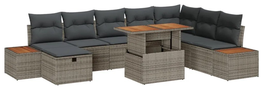 9 Részes Kerti Sofa Szett Párnákkal Szürke Poli Rattan