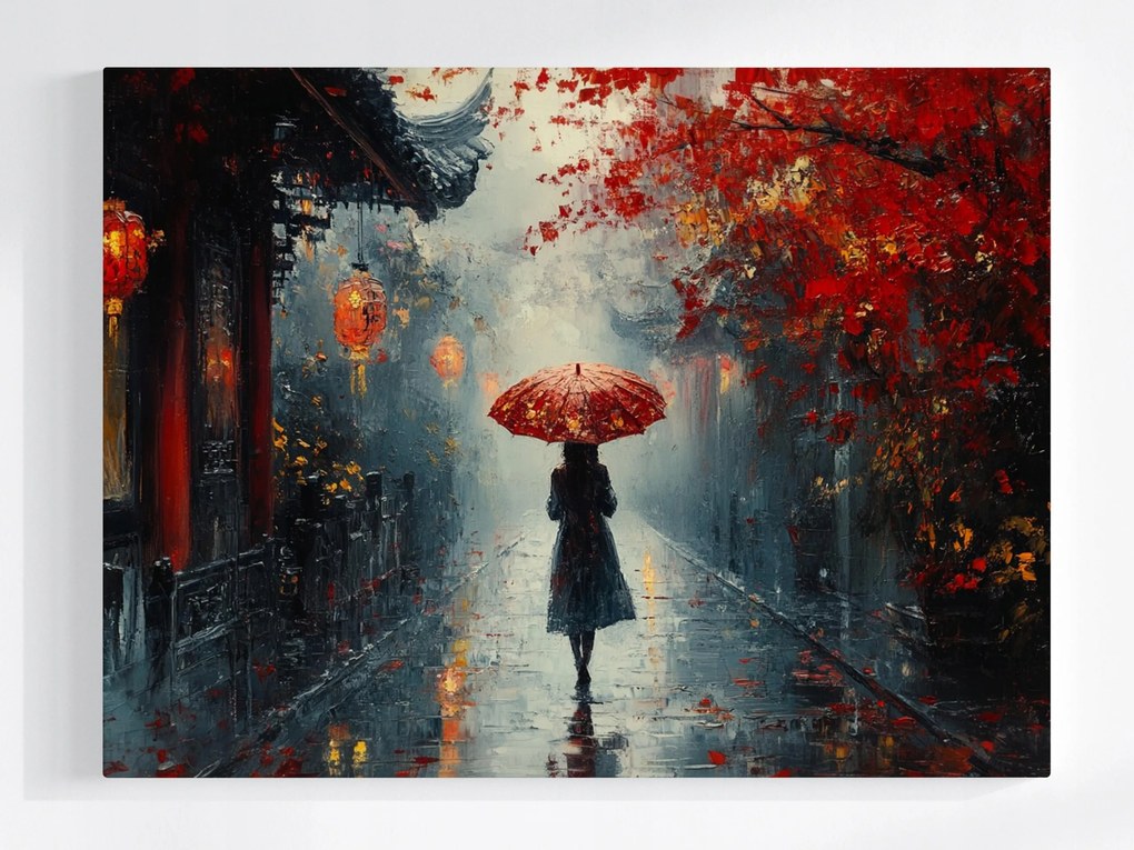 Vászonkép Canvas Nő Esernyő Keleti Utca Őszi Köd 80x60