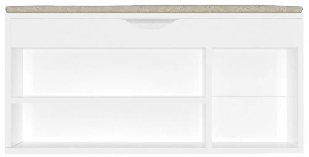 magasfényű fehér szerelt fa cipőtároló pad párnával 104x30x49cm