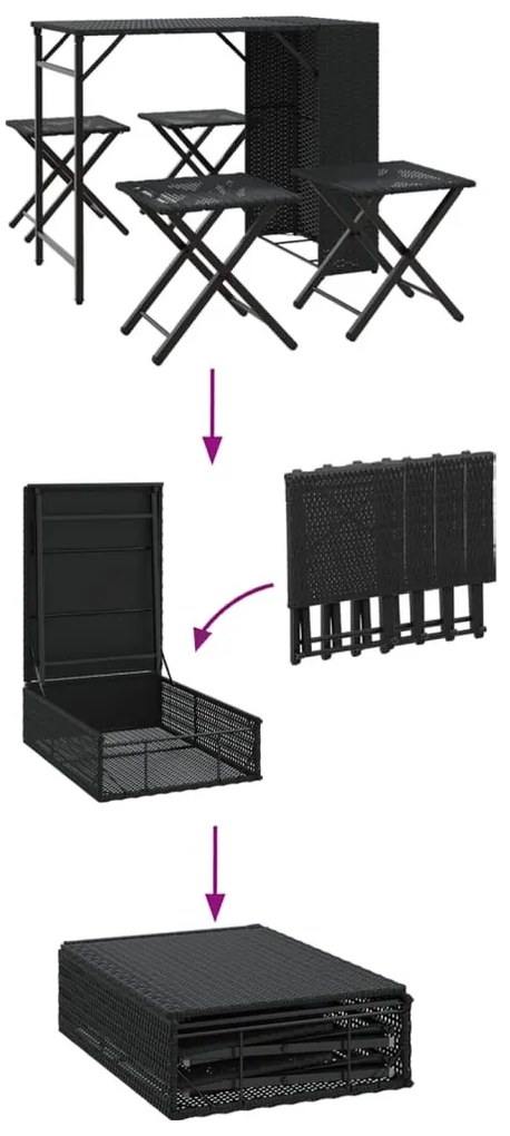 5 részes fekete polyrattan összecsukható kerti étkezőgarnitúra