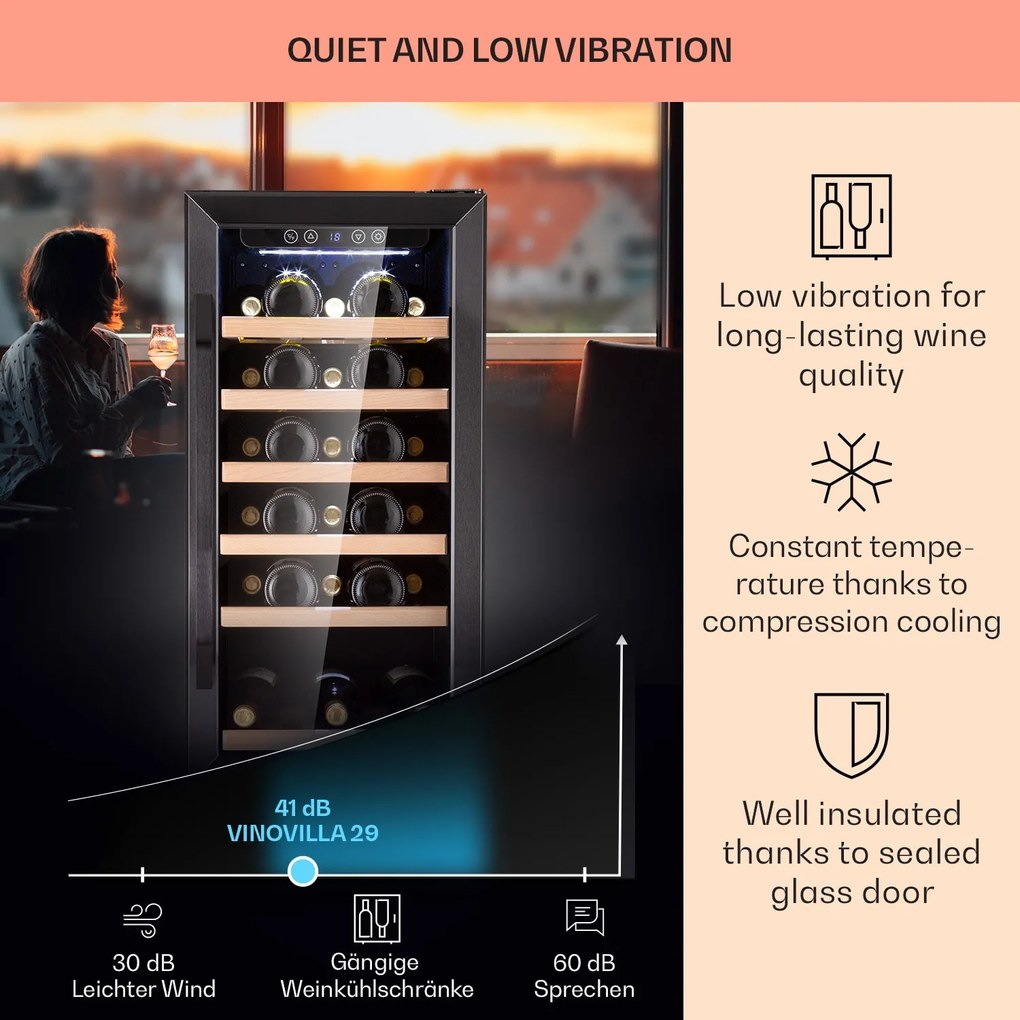 Klarstein Vinovilla 29 Built-In, beépíthető borhűtő, 81 liter, 29 palack, 1 zóna, üvegajtó, rozsdamentes acél