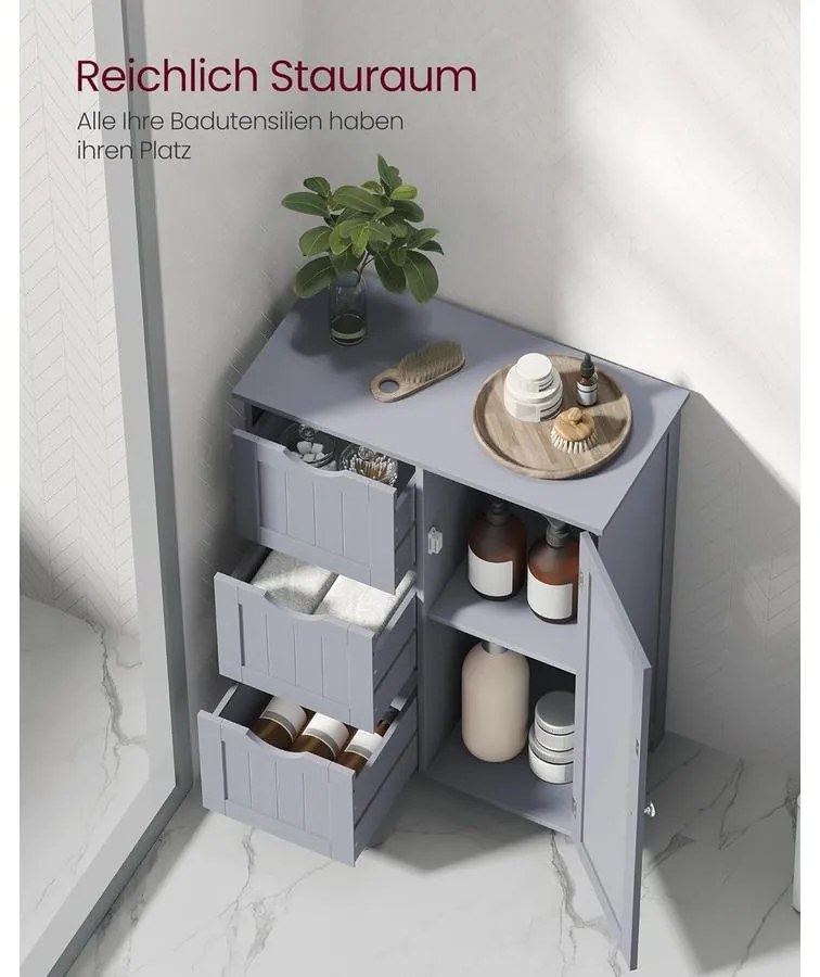 Fürdőszobai szekrény, komód, 3 fiókkal, Állítható polc, 30 x 60 x 81 cm, szürke