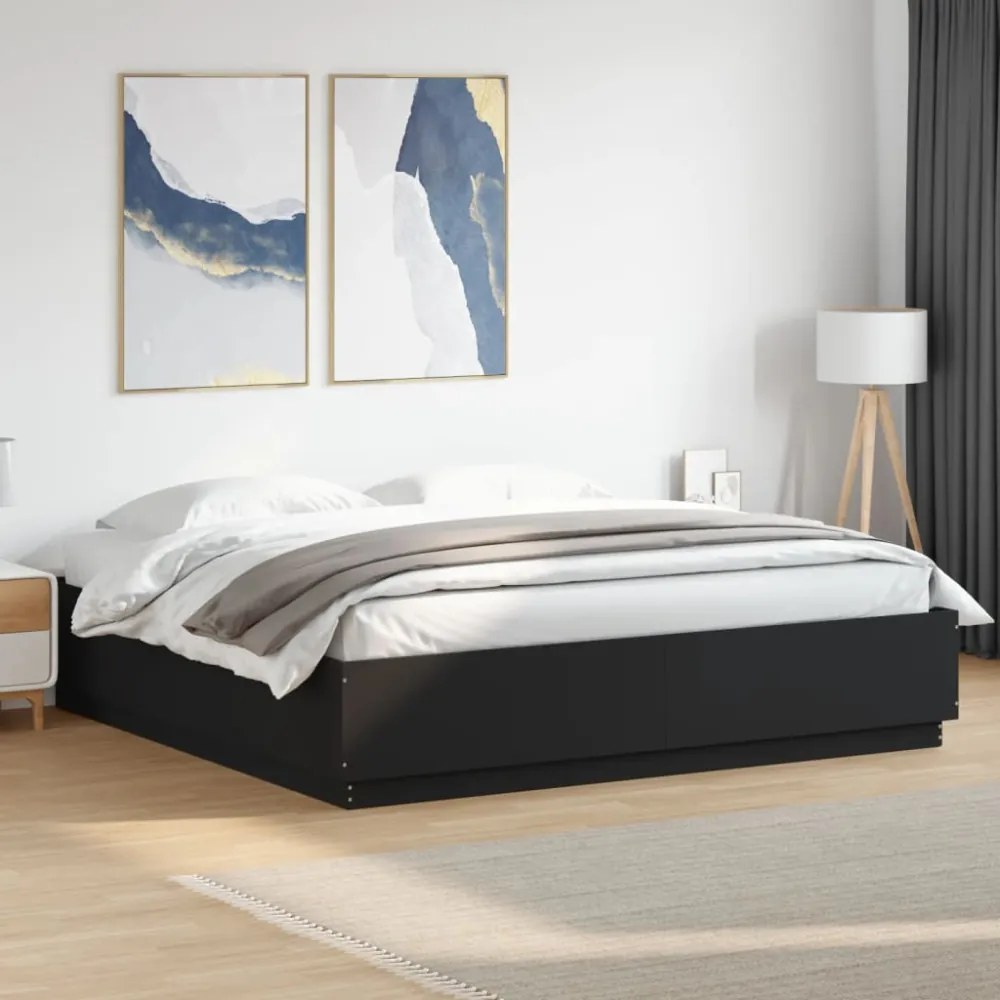 fekete szerelt fa ágykeret LED-világítással 200 x 200 cm
