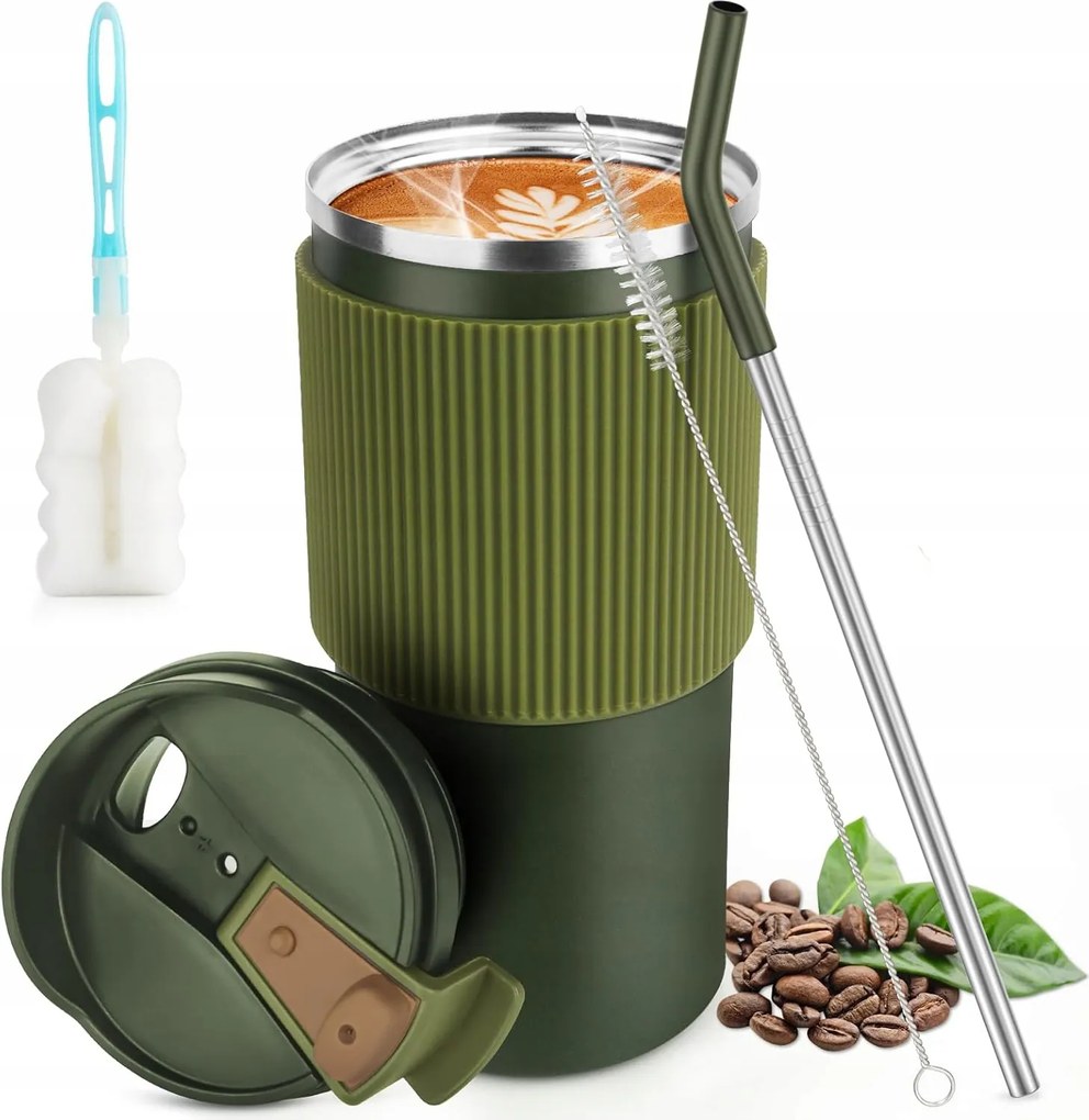 Rozsdamentes acél termo bögre szívószállal Zöld 450ml