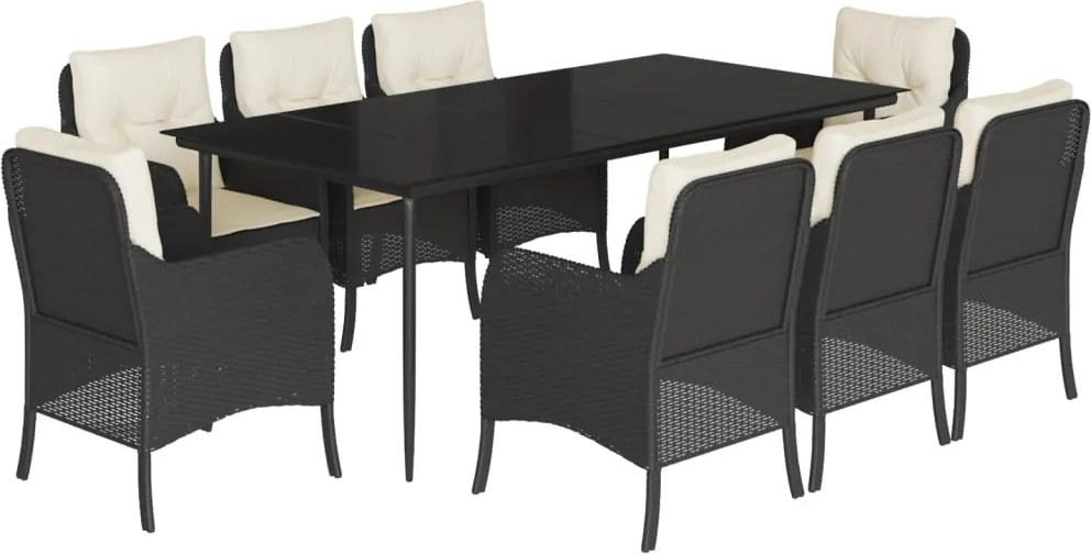 vidaXL 9 részes fekete polyrattan kerti étkezőgarnitúra párnákkal