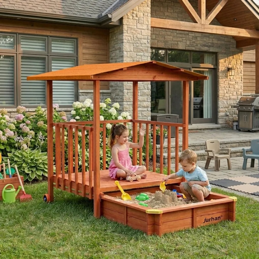 SUNNY verandás homokozó, 130x130x143cm, barna/narancssárga Jurhan