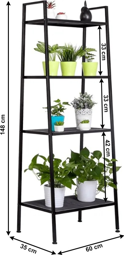 4 polcos fém polcállvány, fekete, ALDEA