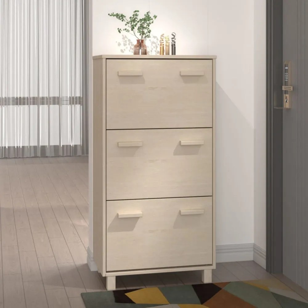 HAMAR mézbarna tömör fenyőfa cipőszekrény 59,5 x 35 x 117 cm