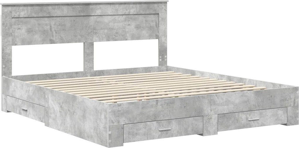 vidaXL Ágykeret fejtámlával fiókkal Beton Szürke 200 x 200 cm Faanyag