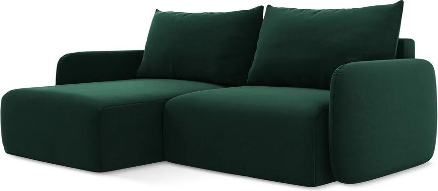 Sötétzöld bársony kinyitható-tárolóhelyes sarokkanapé (bal oldali-heverő résszel) Kalena – Makamii