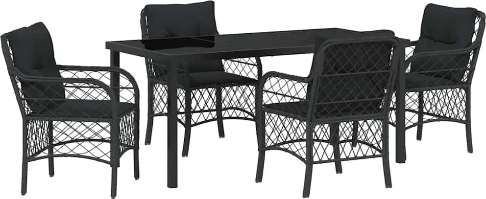 vidaXL Kert étkező szett párnával 5 pcs Fekete polirattan