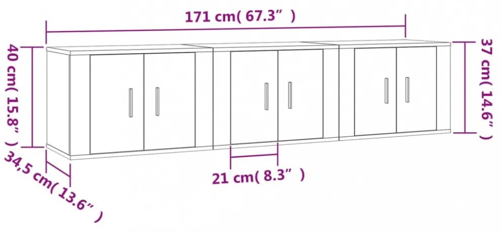 3 db magasfényű fehér fali TV-szekrény 57 x 34,5 x 40 cm