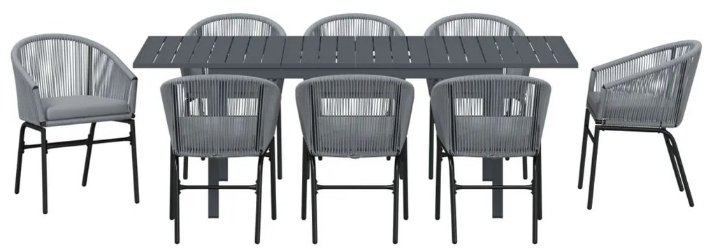 10 darabos kerti étkezőszett párnákkal szürke poli rattan, Hosszabbítható kerti asztal antracit (140-210)x90x73 cm acél