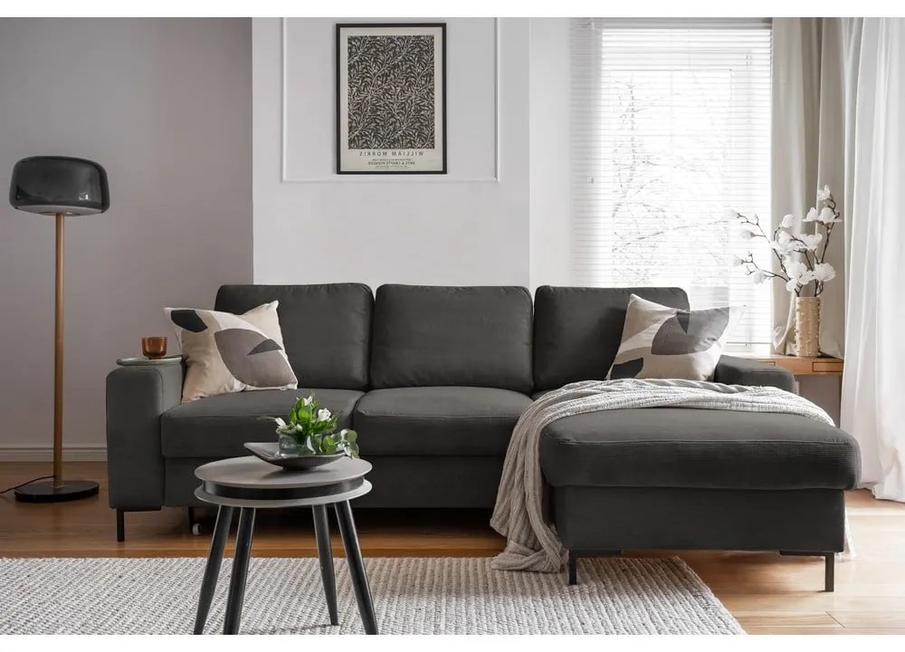 Sötétszürke kordbársony kinyitható sarokkanapé (jobb oldali) Lofty Lilly – Miuform