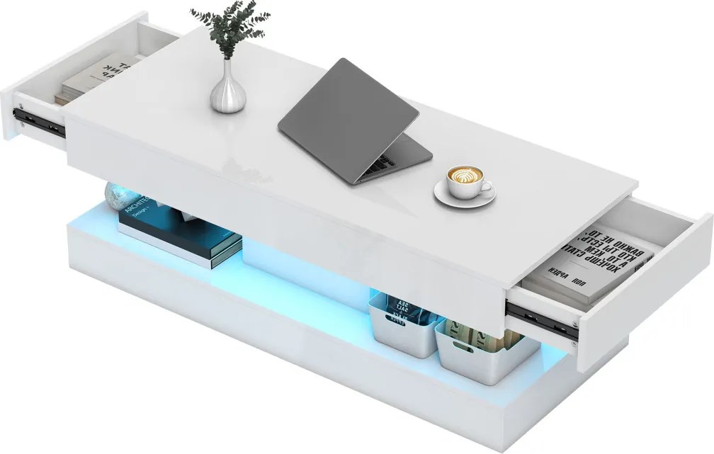 HOMCOM Nappali dohányzóasztal fiókokkal és LED lámpákkal, Modern kanapéasztal nyitott polccal, Fehér