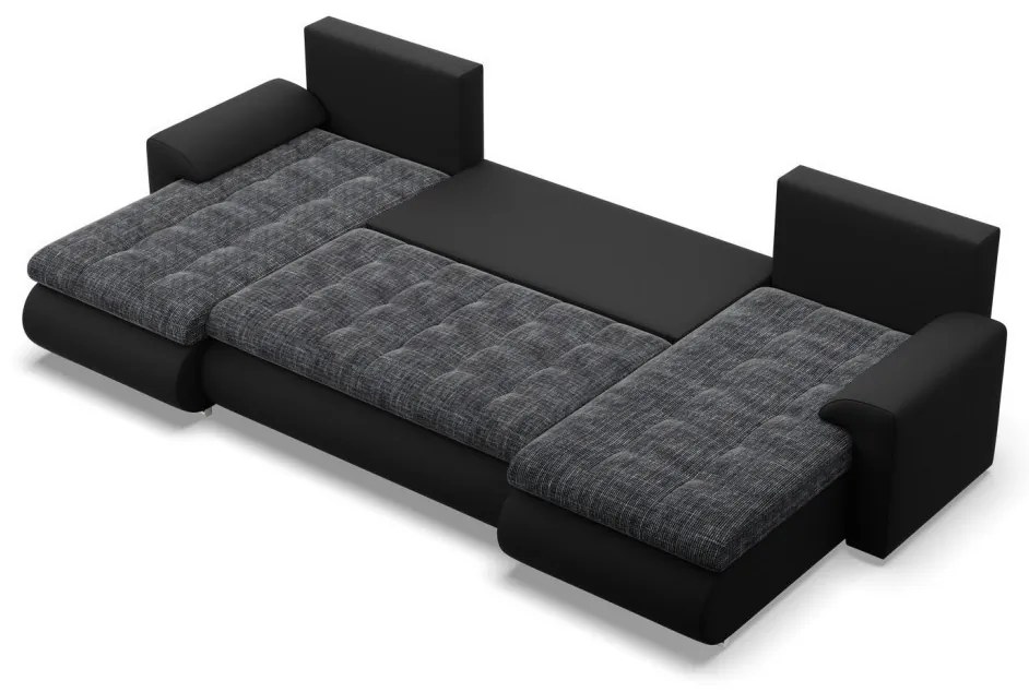 Tokio U alakú sarokkanapé, 3 ágyneműtartóval, fonott + műbőr, univerzális oldal, szürke - fekete