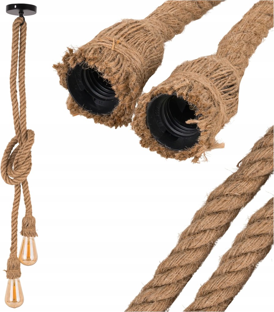 Mennyezeti lámpa Függő Kötél Dupla lámpatest 2x E27 Zsinór Kenderkötél Loft