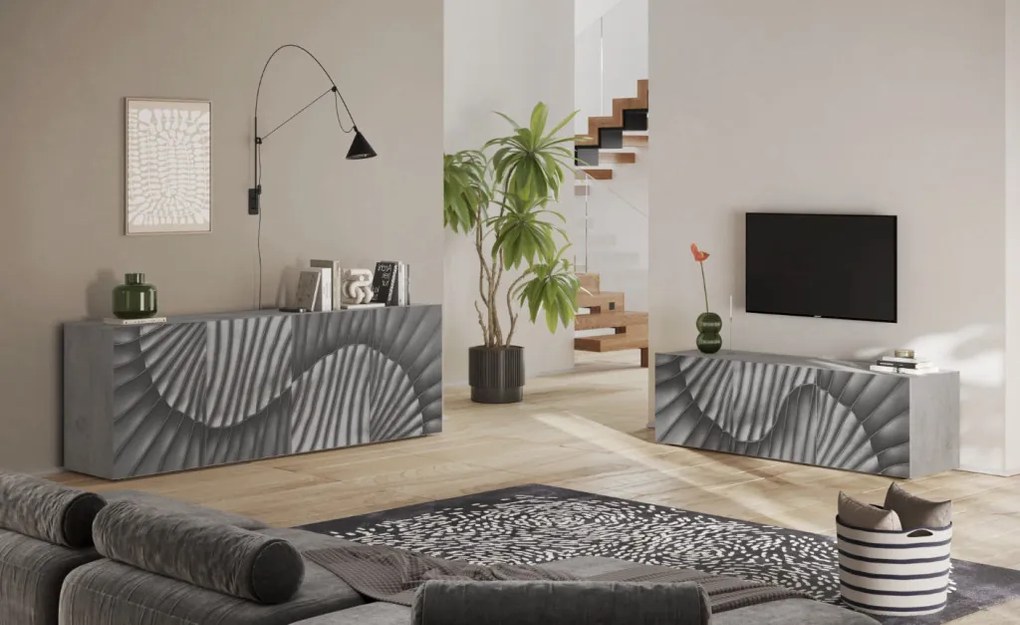 SNAKE négyajtós komód, betonhatású laminált testtel és szürke, díszített mintázatú előlapokkal