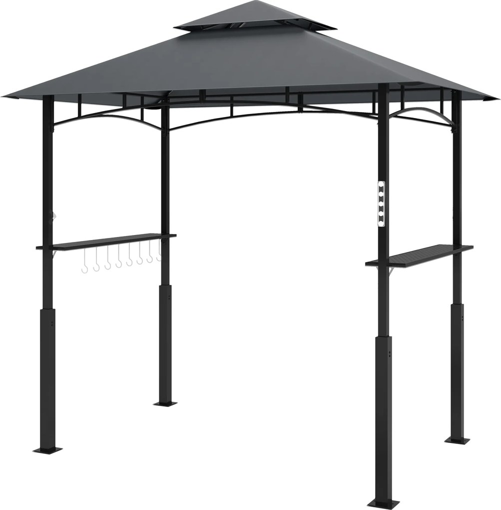 Outsunny Grill Pavilon LED világítással 243 x 148 x 248 cm Vízálló Tűzálló Kerti Pavilon Két Rétegű Tetővel, Oldalsó Polcokkal, UV Védelemmel, Fém Gri
