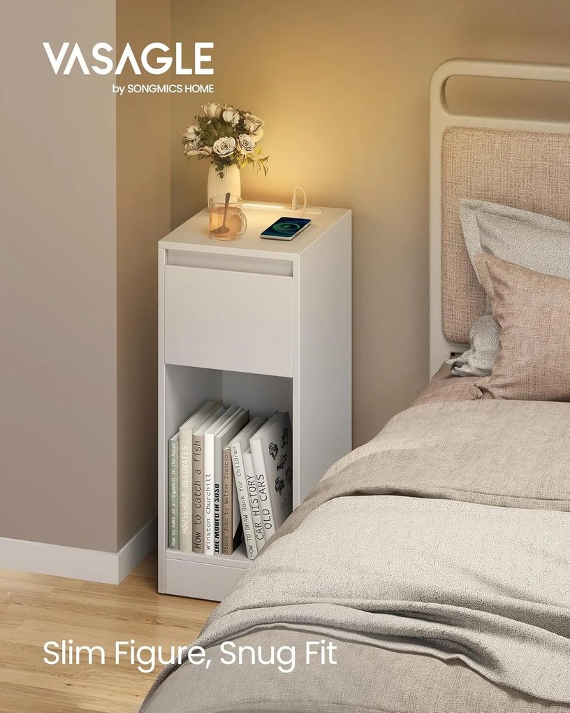 Keskeny éjjeliszekrény töltőállomással és LED-fénnyel, USB portokkal, fehér