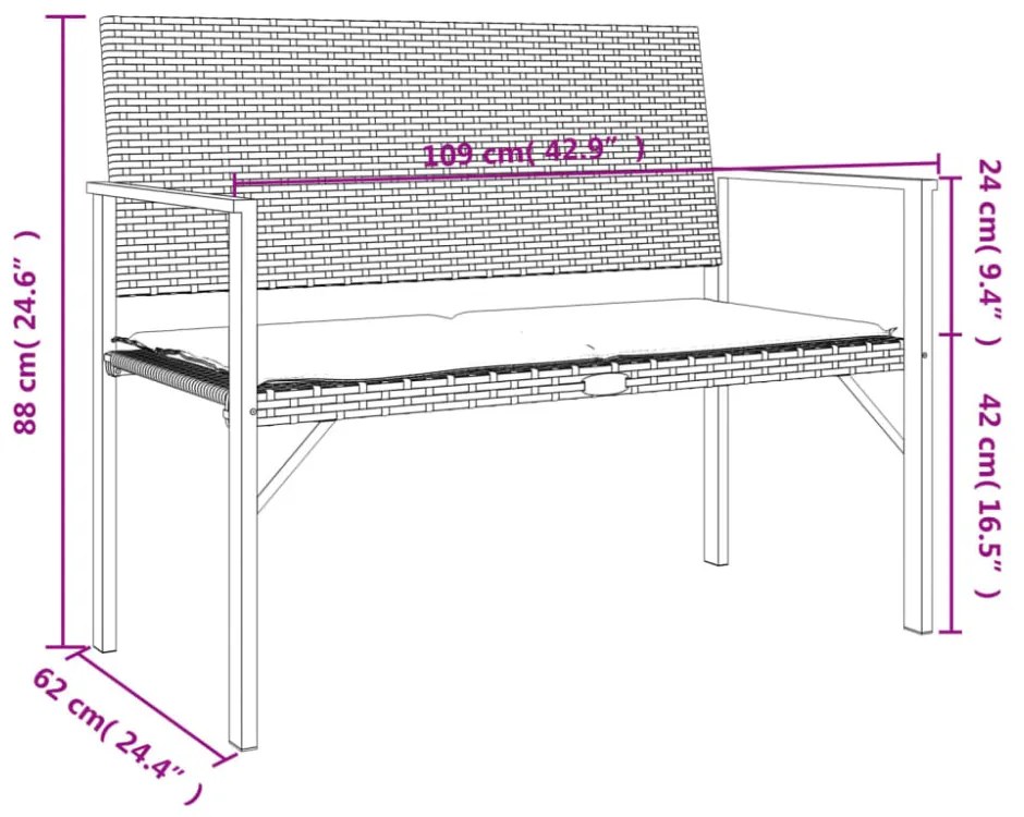 fekete 2-személyes polyrattan kerti pad párnával
