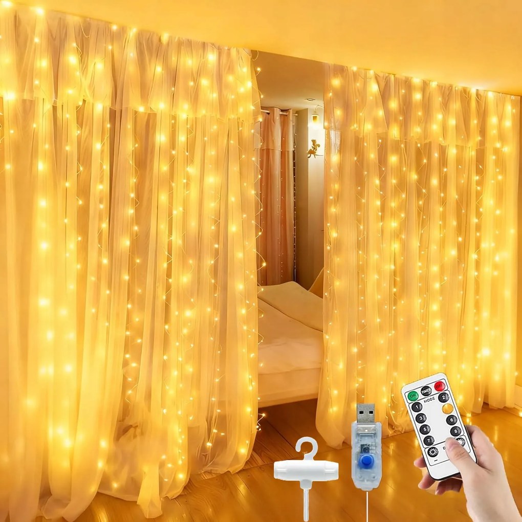 Fényfüggöny Girland 300 Led Meleg 3m Usb Karácsonyi Lámpák