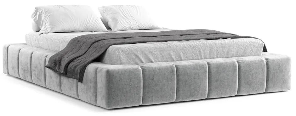 Világosszürke kárpitozott ágyneműtartós franciaágy ágyráccsal 200x200 cm Aruba L – Maison de Rêve