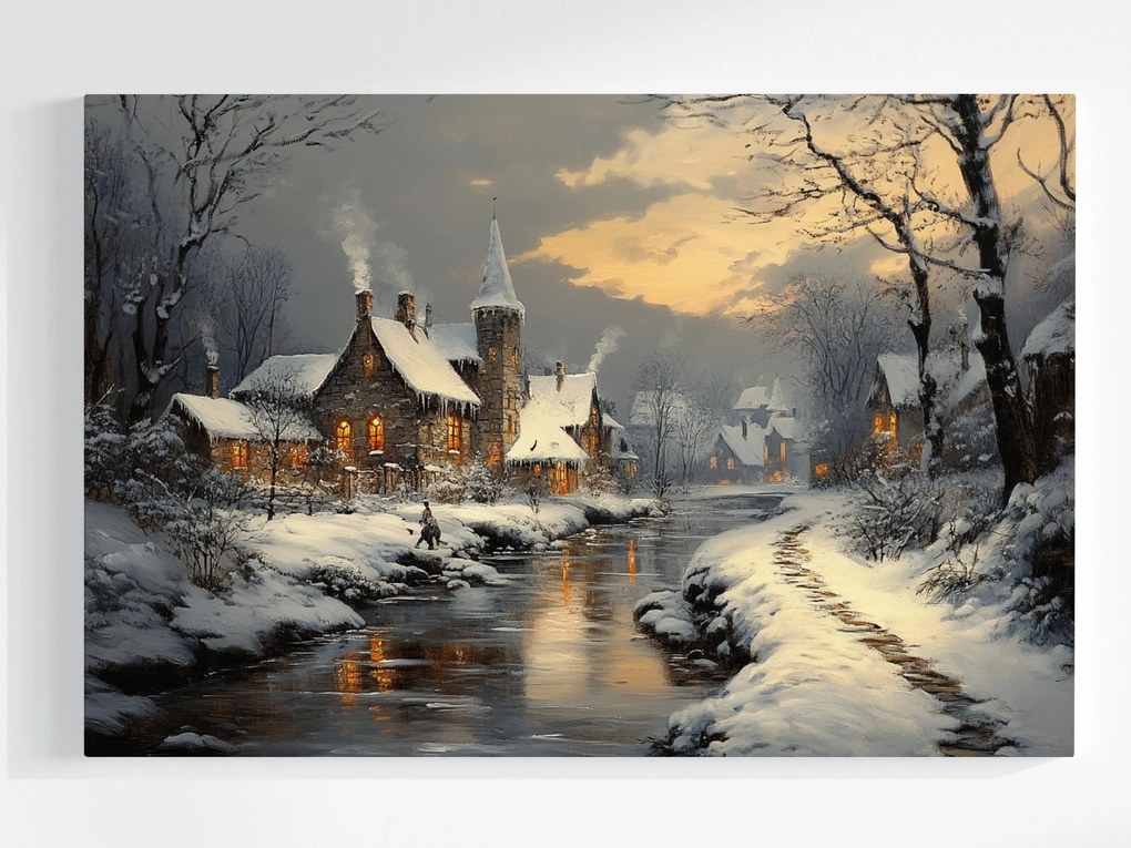 Vászonkép Canvas Tájkép Város Folyó Házak Tél Hó Fagy 60x40