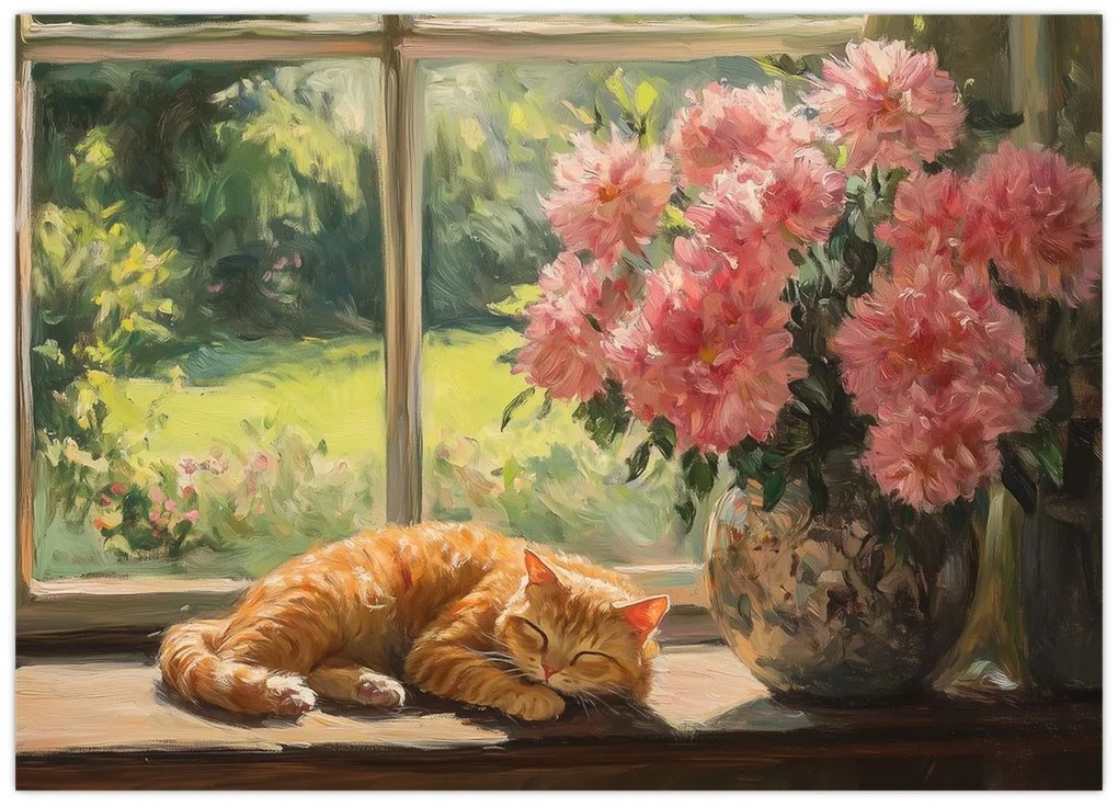 Üveg kép - Macska az ablakban (70x50 cm)