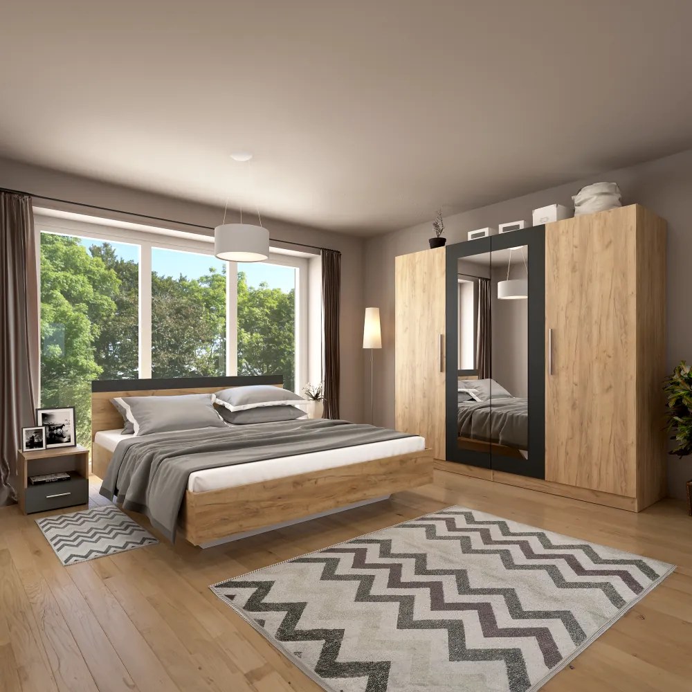 Dupla ágy, 180x200,  tölgy artisan/antracit, GABRIELA