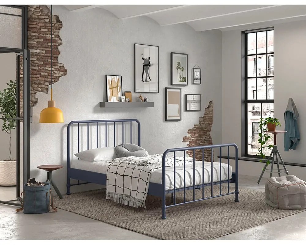Kék fém franciaágy ágyráccsal 140x200 cm BRONXX – Vipack