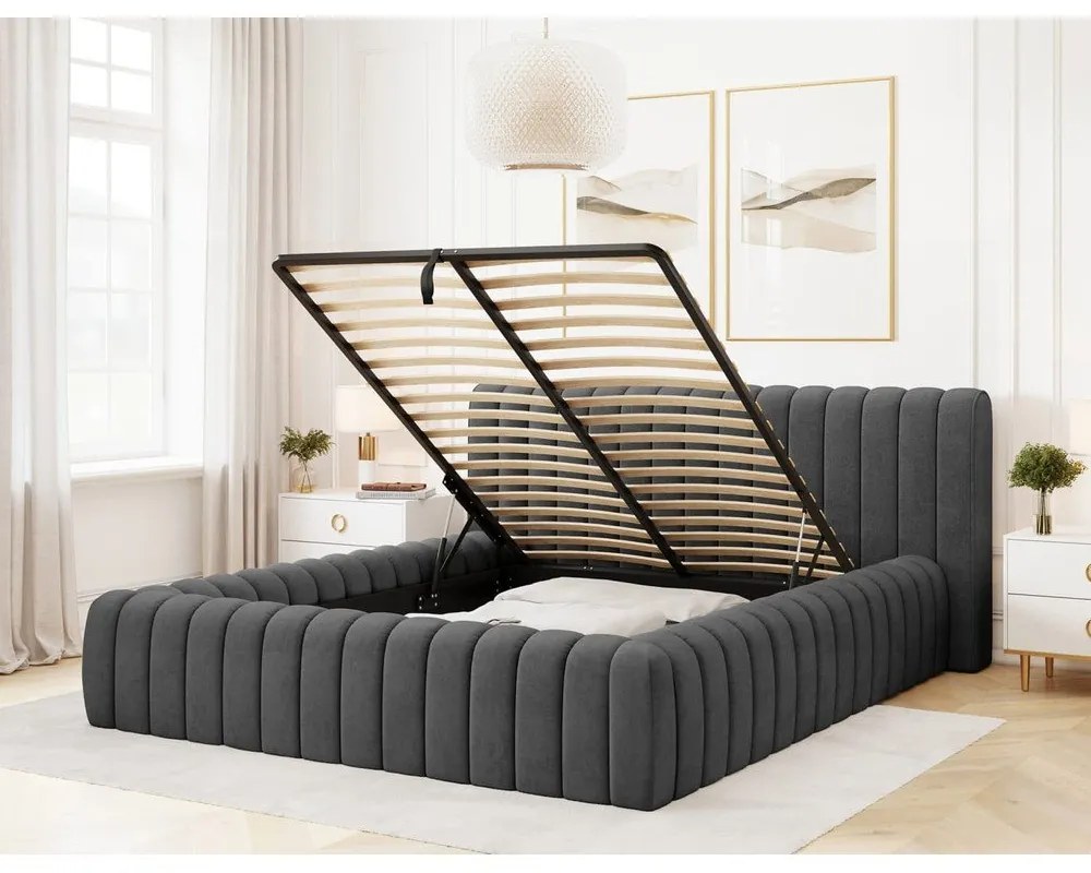 Sötétszürke kárpitozott ágyneműtartós franciaágy ágyráccsal 140x200 cm Carilla – ELTAP