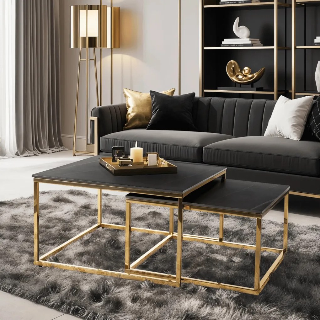 Zestaw Stolików Ceramicznych TENOR Czarny márvány/ Złoty