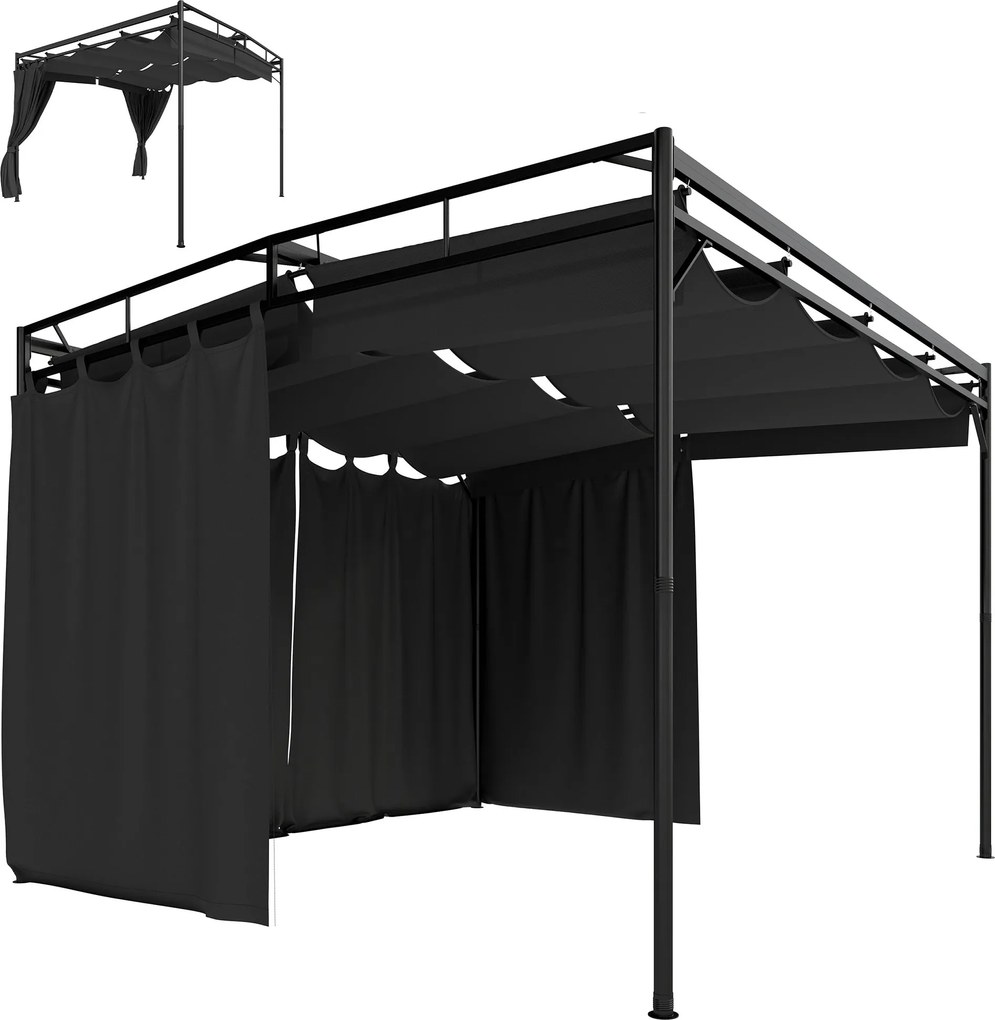 Outsunny pergola 3×3 m — vízlepergető, behúzható napellenző és függönyök, szabadon álló kerti pavilon, stabil teraszfedés, sötétszürke | Aosom