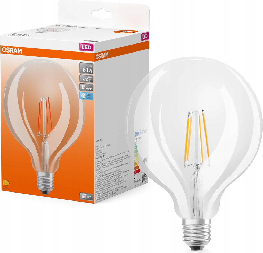 Ledvance átlátszó Led izzó E27 7W Star Globe, meleg fehér