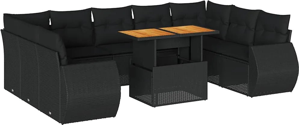 vidaXL 10 részes fekete polyrattan kerti ülőgarnitúra párnákkal