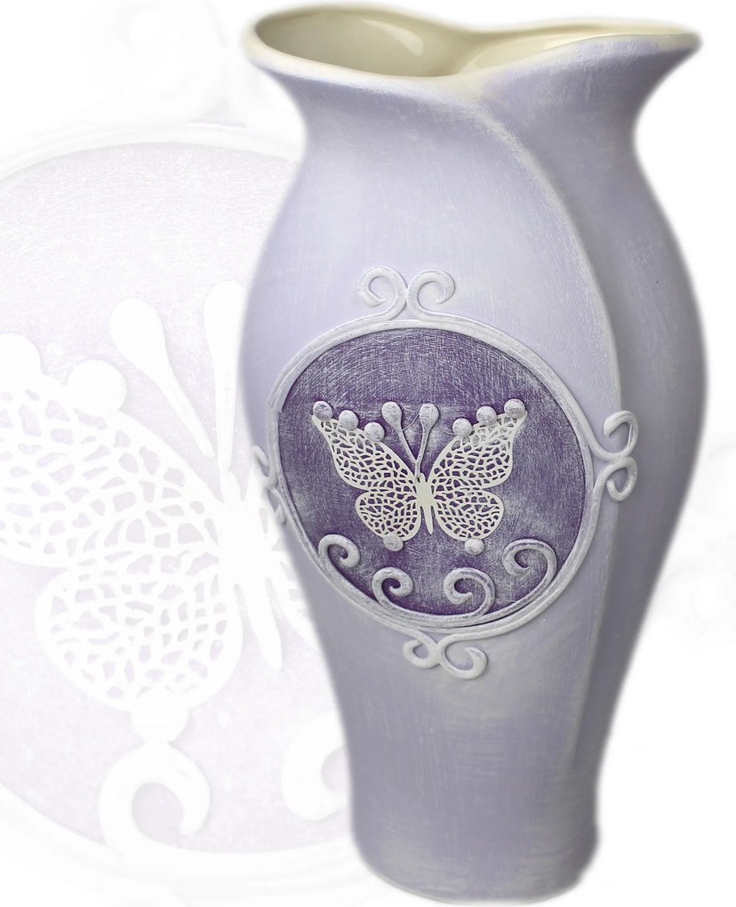 Tulipán alakú kerámia váza 28,5 cm, pillangó motívummal díszítve