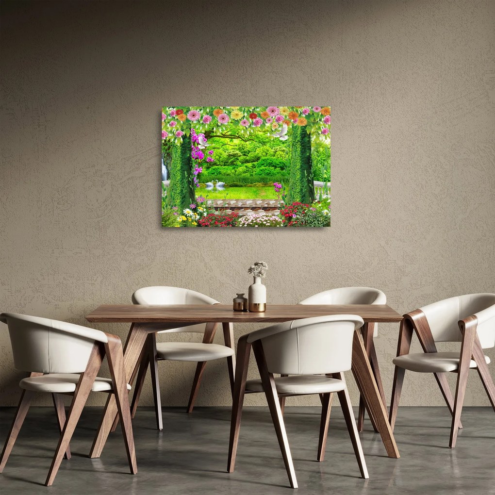 Kép - Varázslatos kert hattyúkkal (üvegen) (70x50 cm)