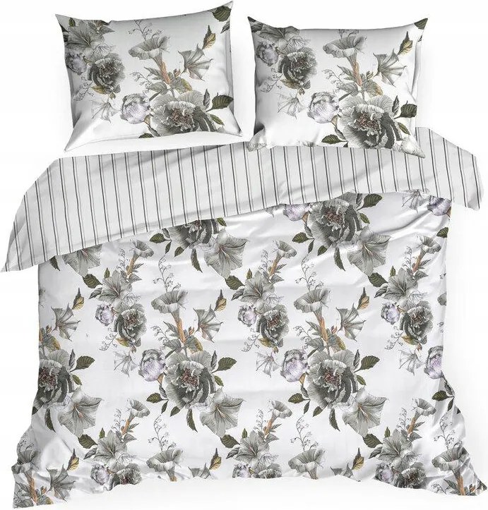 Szatén ágyneműhuzat 220x200 Spring 39 fehér szürke virágok NEW24