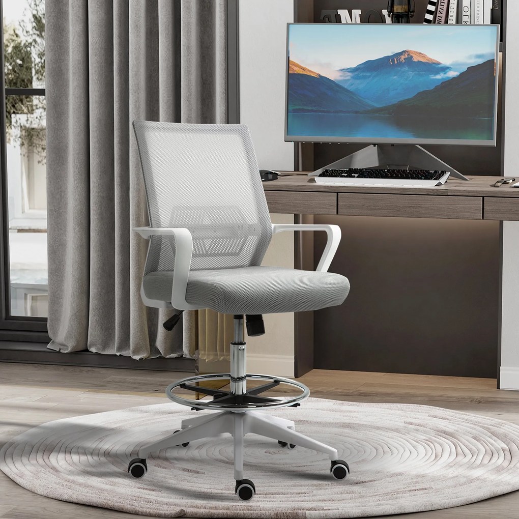 Vinsetto Magas ülésű irodai szék - állítható magasságú, dim. 64L x 59W x 104-124H cm, forgatható irodai puff 360° lélegző hálós szürke és fehér | Aoso