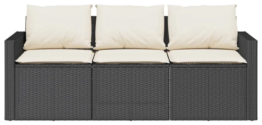 Fekete 3 személyes polyrattan kerti kanapé párnákkal