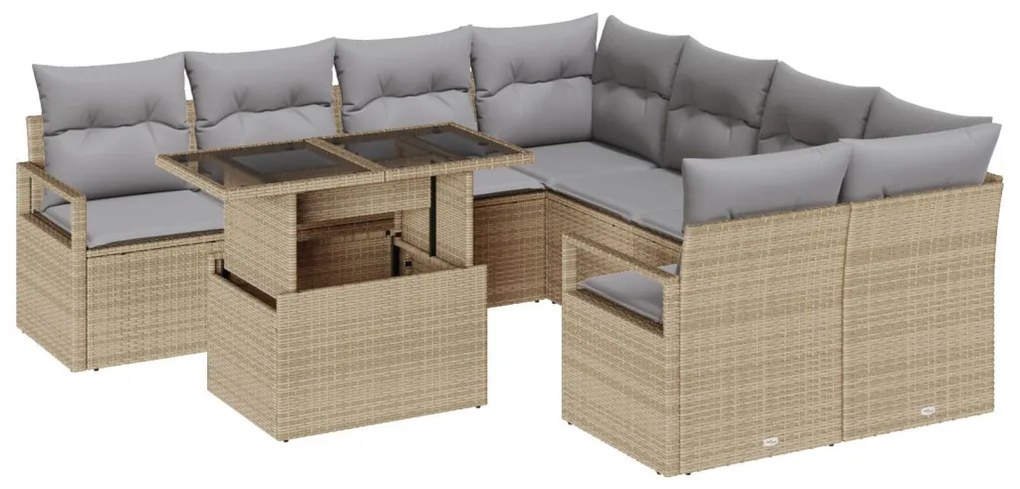 9 Darabos Kert Sofa Szett Párnákkal Bézs Poli Rattan, 2-Fős Kert Sofa Párnákkal Bézs Poli Rattan