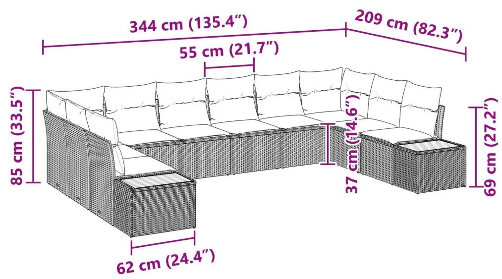 10 Darabos Kerti Kanapé Szett Párnákkal Bézs Poli Rattan Acacia