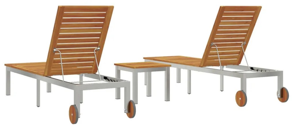 Napozóágy 2 db Asztallal Tömör Akácfából, Napozóágy Kerekekkel 207x58x35 cm Tömör Akácfa & Rozsdaálló Acél